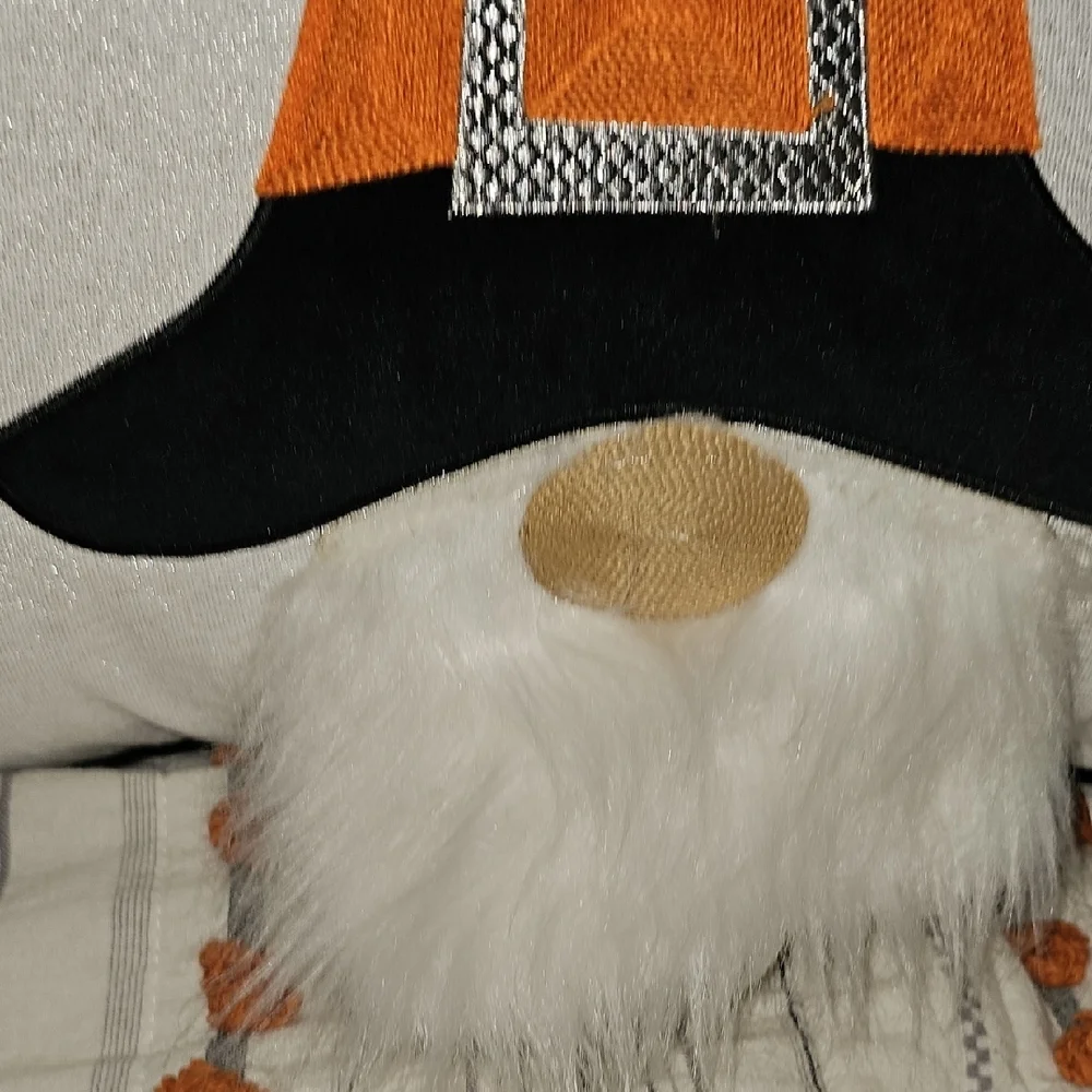 NWT Gnome Halloween 2 Pillows Accent Black White Orange Embroidered Fur Sparkle